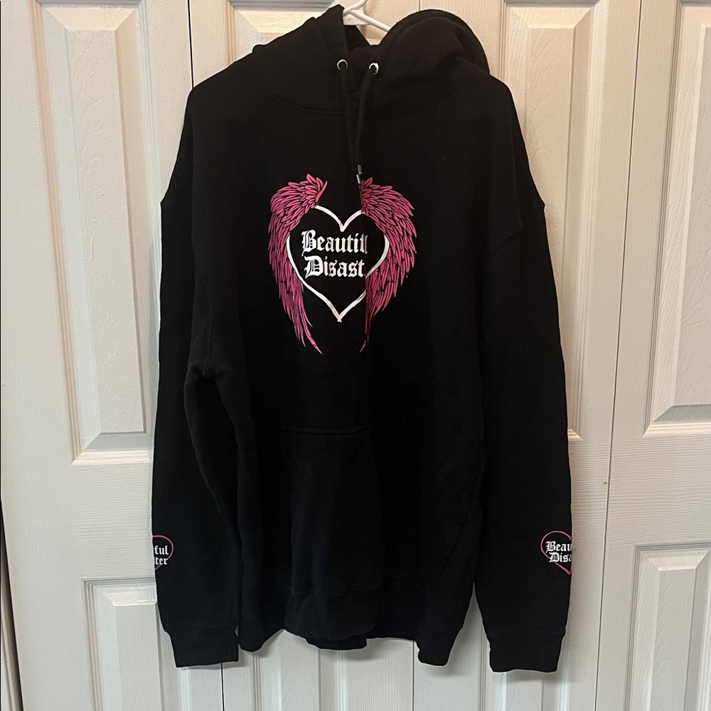 Beautiful Disaster Women's Black Hoodie with Pink Wing Heart Graphic